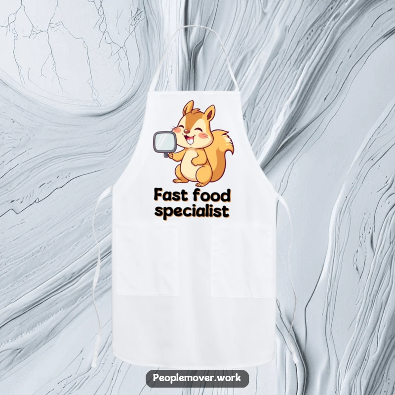 Funny squirrel grinning, adjusting a mirror, ideal for a humorous kitchen apron.
