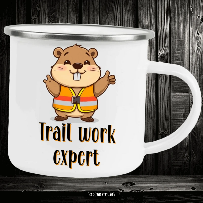 Funny beaver in a safety vest, nodding happily, a durable and funny camping mug.