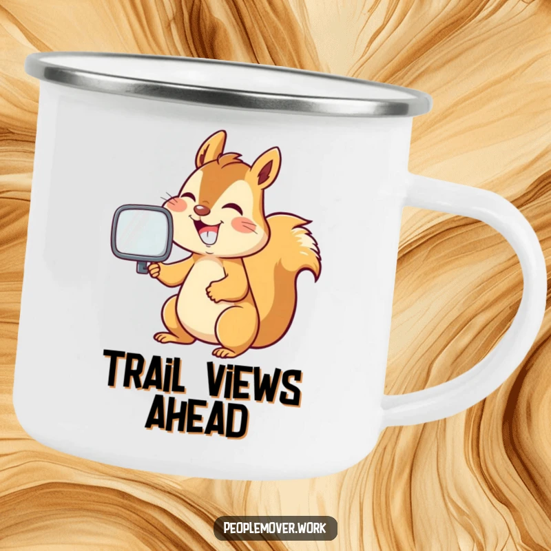 Funny squirrel grinning while adjusting a car mirror, a humorous and durable camping mug.
