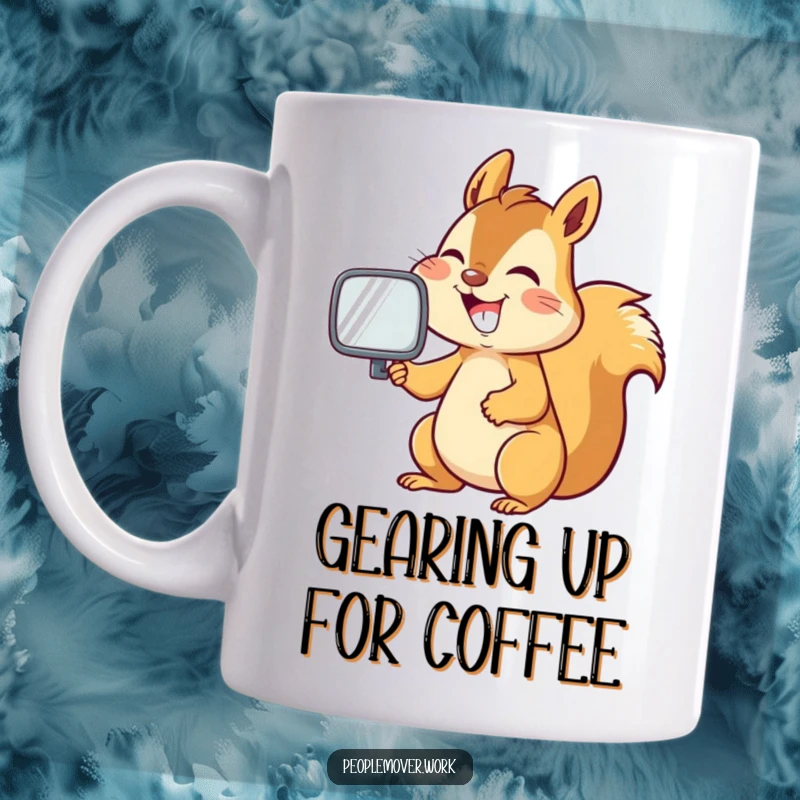 Funny energetic squirrel grinning while adjusting a car's rearview mirror, a humorous mug.