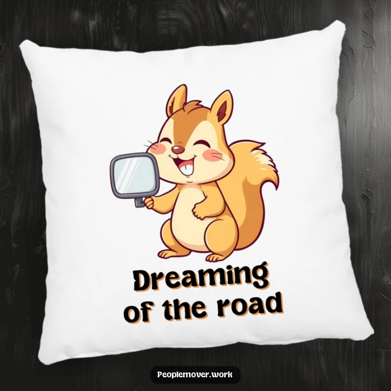 Funny squirrel grinning while adjusting a car mirror, a soft and humorous pillow.