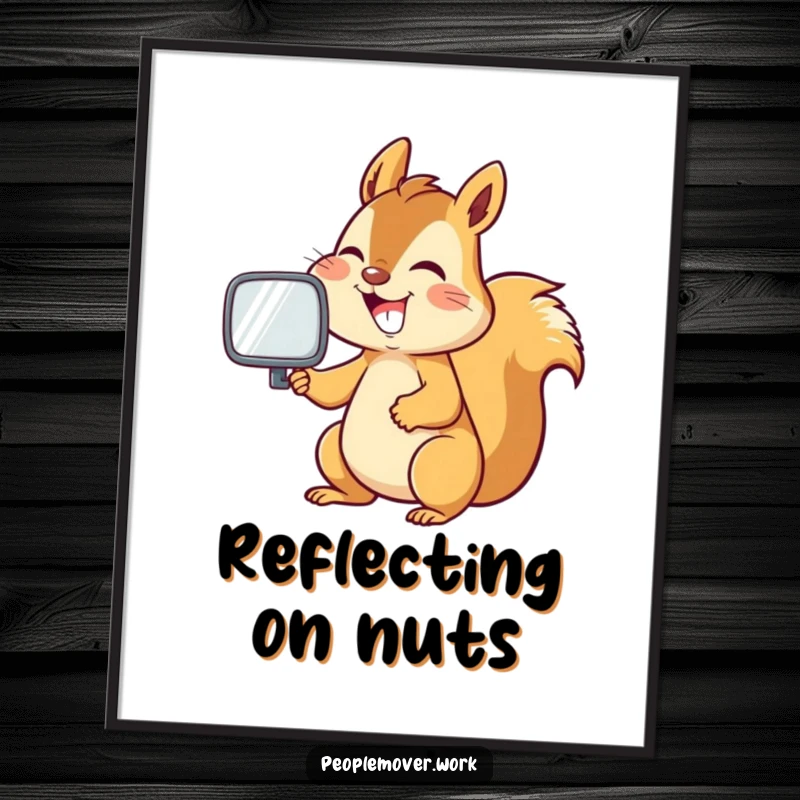 Funny squirrel grinning while adjusting a car rearview mirror, a high-resolution print.