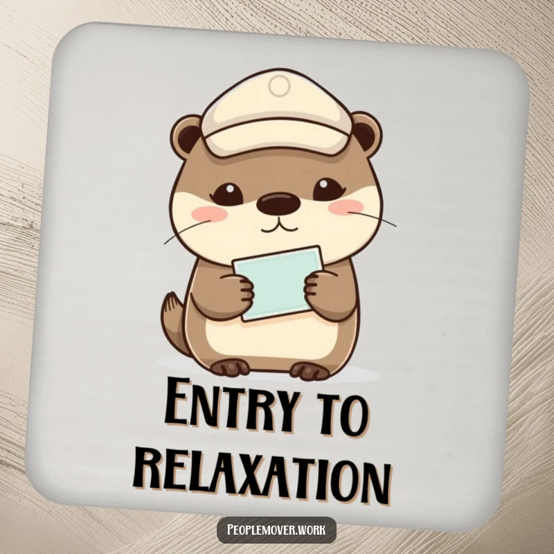 Funny otter in a peaked cap holding a ticket, a humorous and protective coaster.