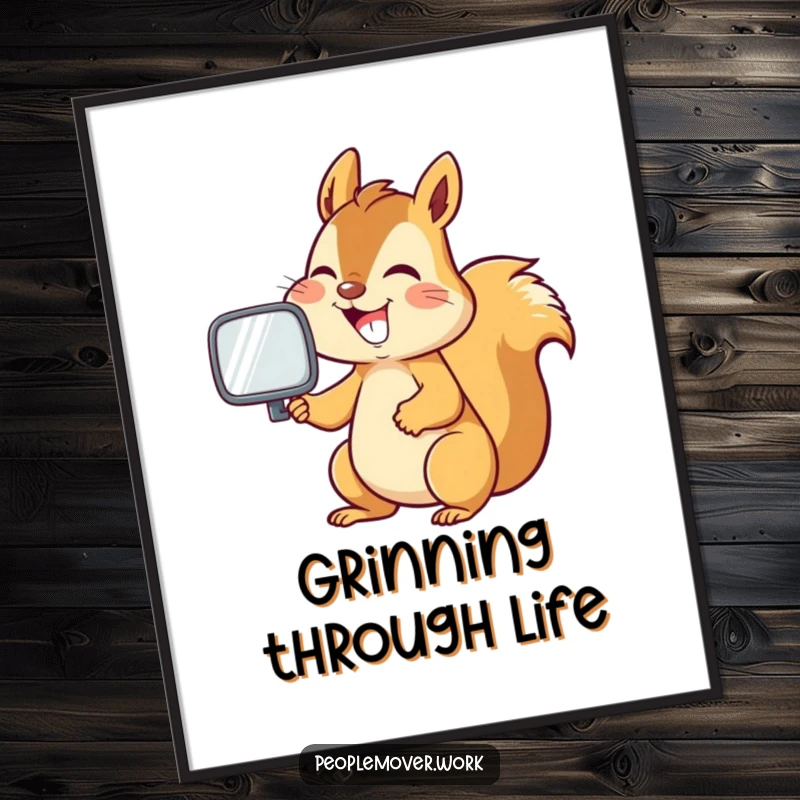 Funny squirrel grinning, adjusting a car mirror, humorous and energetic wall art.