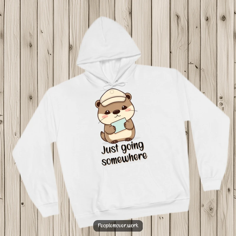 Funny otter wearing a peaked cap, holding a ticket, a cozy and humorous hoodie.