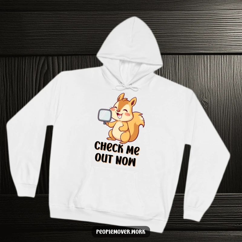 Funny squirrel grinning while adjusting a car mirror, a cozy and humorous hoodie.