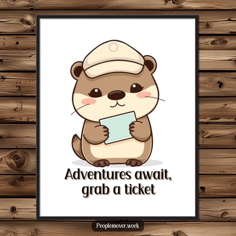 Funny Free Printable Wall Art of a calm otter in a peaked cap gently holding a ticket, exuding relaxed charm and humor.