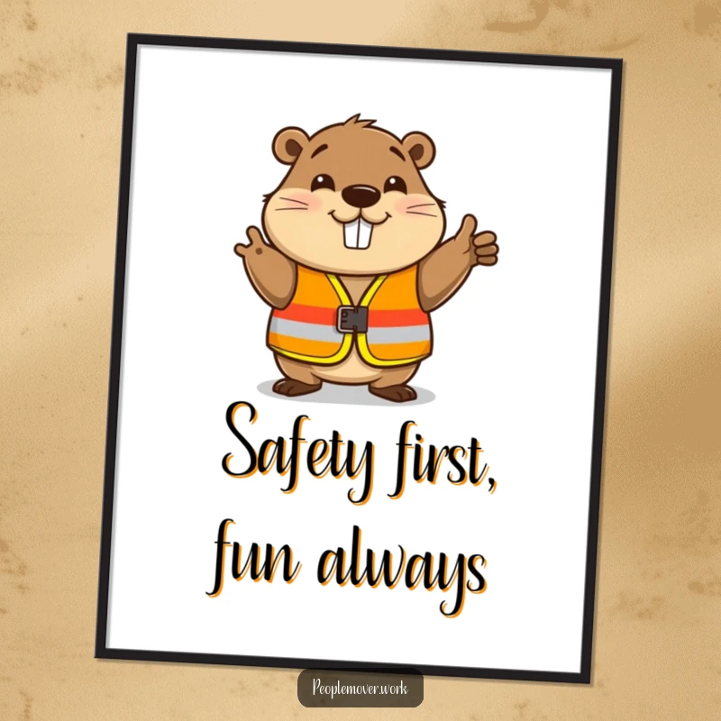 Funny Free Printable Wall Art of a beaver in a safety vest giving a friendly nod, adding a touch of humor and reliability.
