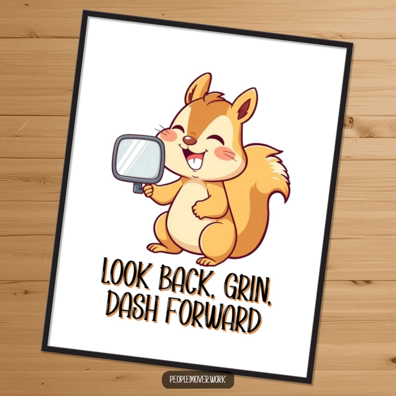 Funny Free Printable Wall Art of an energetic squirrel grinning cheekily while adjusting a tiny rearview mirror, adding a playful vibe.