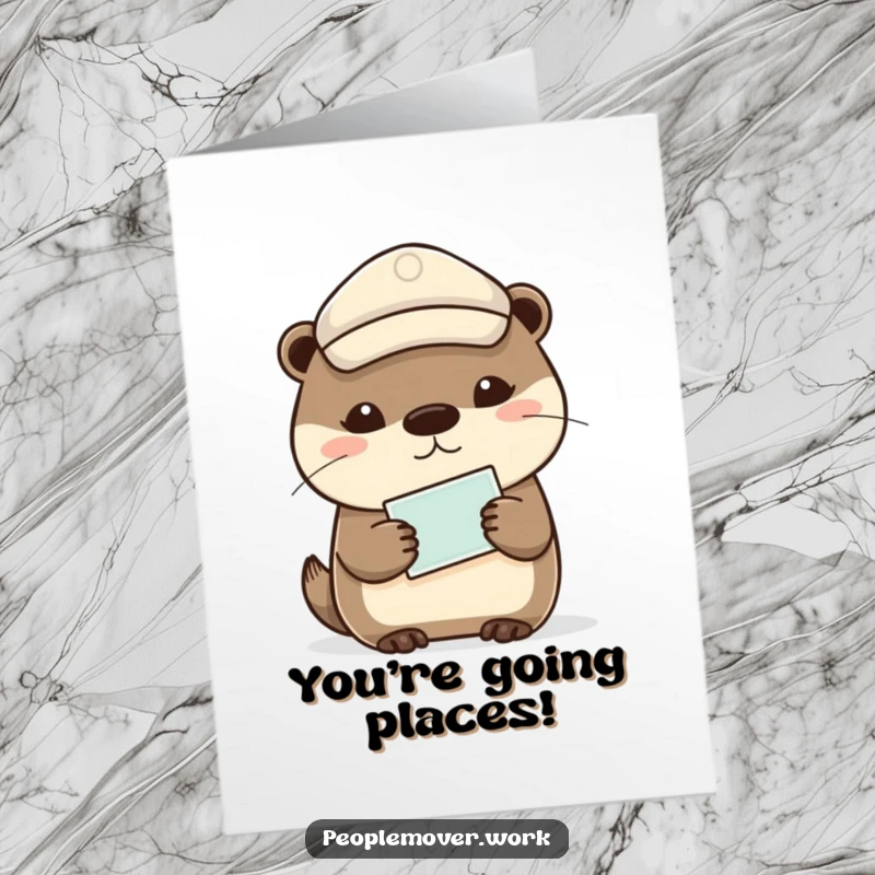 Funny Free Printable Congratulations Card with a calm otter holding a ticket, signifying entry into a successful new chapter.