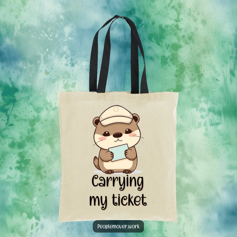 Funny otter in a peaked cap holding a ticket, a humorous and practical tote bag.